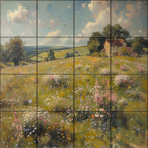 Ceramic tile mural with wildflower meadow and countryside house
